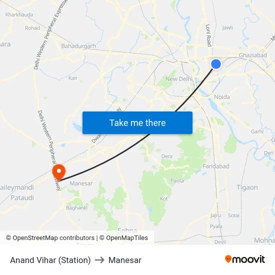 Anand Vihar (Station) to Manesar map