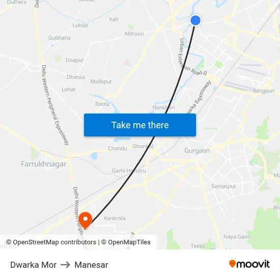 Dwarka Mor to Manesar map
