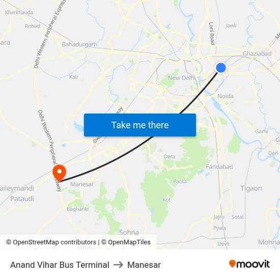 Anand Vihar Bus Terminal to Manesar map