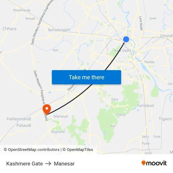Kashmere Gate to Manesar map