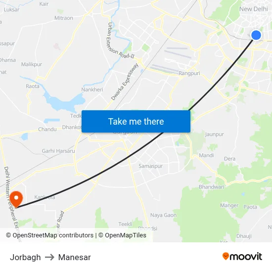 Jorbagh to Manesar map