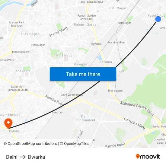 Delhi to Dwarka map