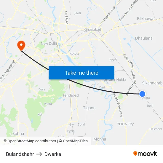 Bulandshahr to Dwarka map