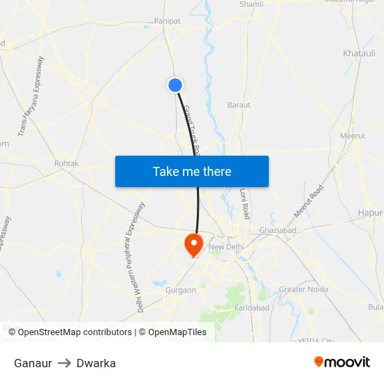 Ganaur to Dwarka map