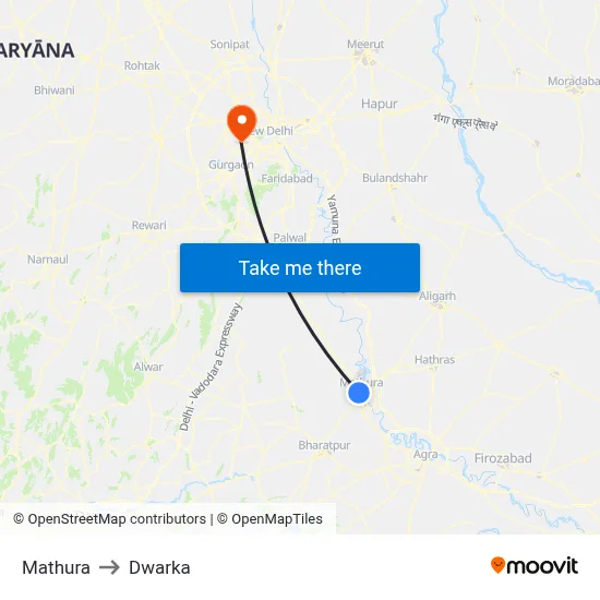 Mathura to Dwarka map