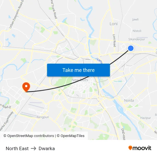 North East to Dwarka map