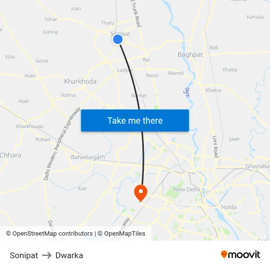 Sonipat to Dwarka map
