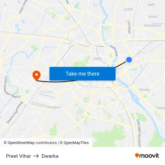 Preet Vihar to Dwarka map
