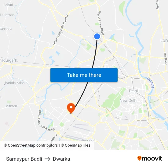 Samaypur Badli to Dwarka map