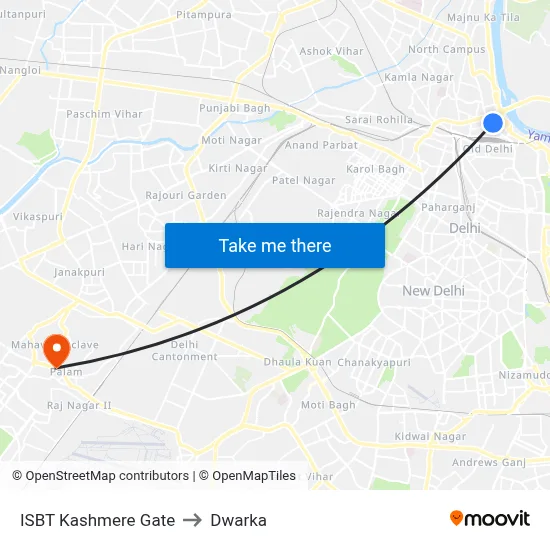 ISBT Kashmere Gate to Dwarka map