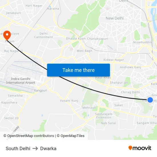 South Delhi to Dwarka map