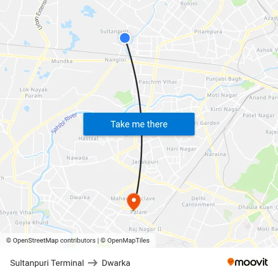 Sultanpuri Terminal to Dwarka map