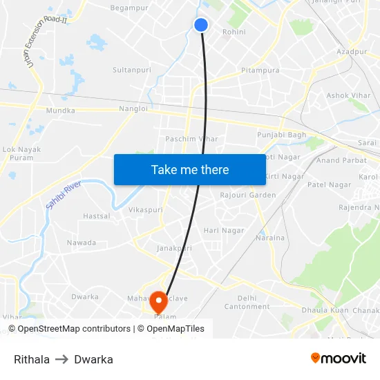 Rithala to Dwarka map