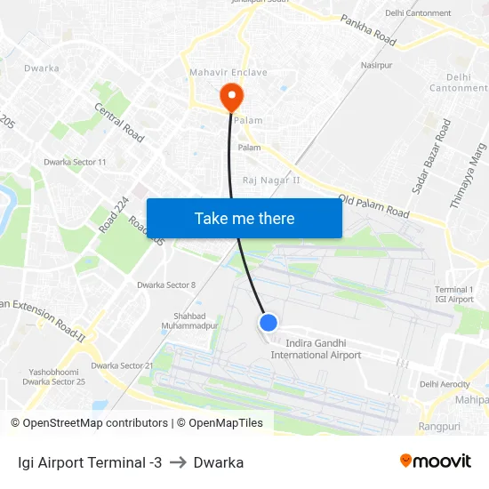 Igi Airport Terminal -3 to Dwarka map