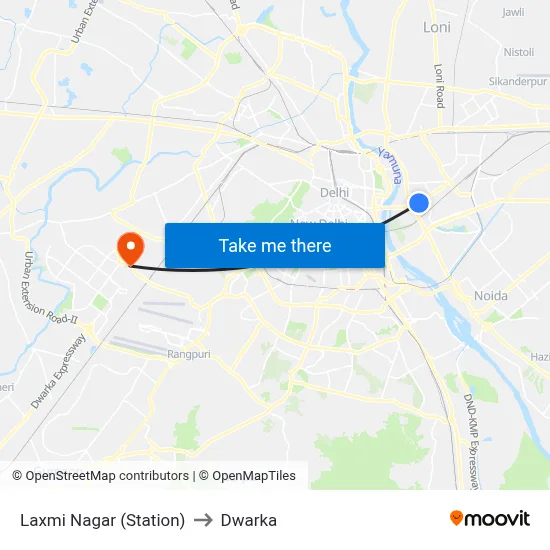 Laxmi Nagar (Station) to Dwarka map
