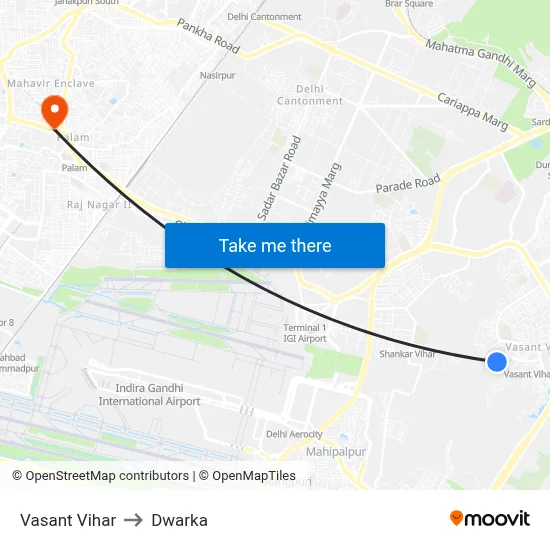 Vasant Vihar to Dwarka map