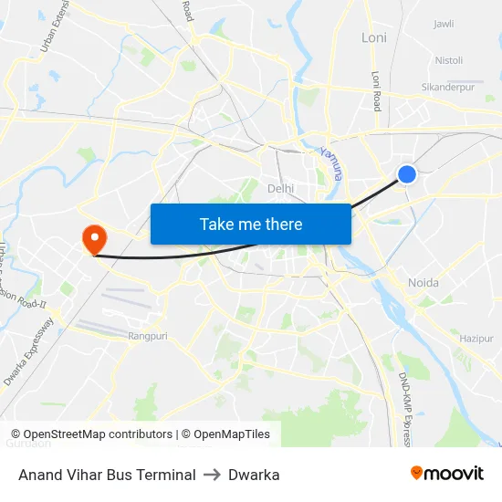 Anand Vihar Bus Terminal to Dwarka map