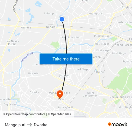 Mangolpuri to Dwarka map