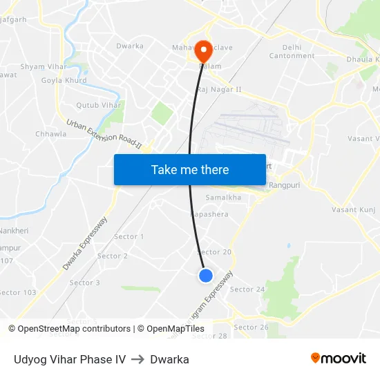 Udyog Vihar Phase IV to Dwarka map