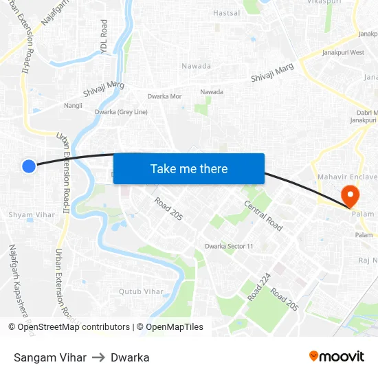 Sangam Vihar to Dwarka map