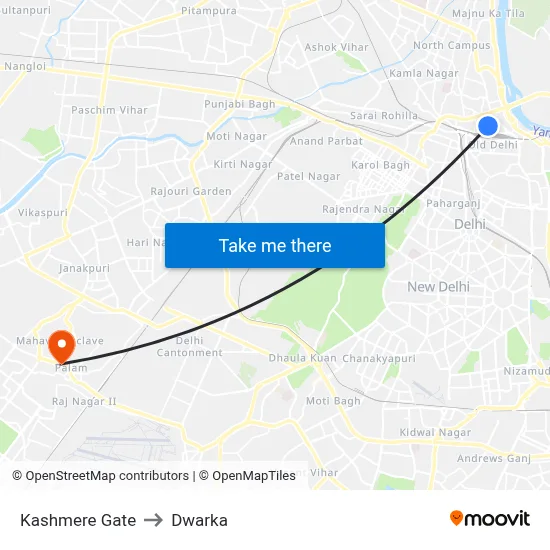 Kashmere Gate to Dwarka map