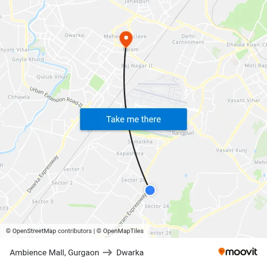 Ambience Mall, Gurgaon to Dwarka map