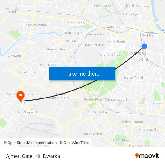 Ajmeri Gate to Dwarka map