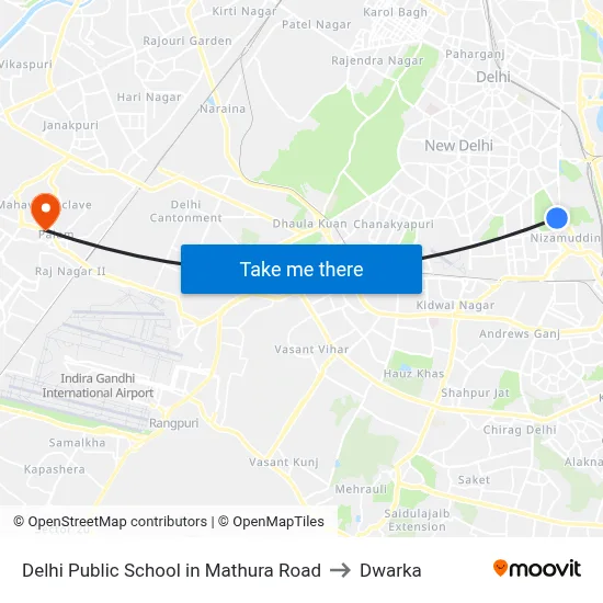 Delhi Public School in Mathura Road to Dwarka map