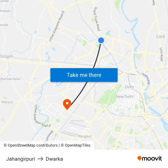 Jahangirpuri to Dwarka map
