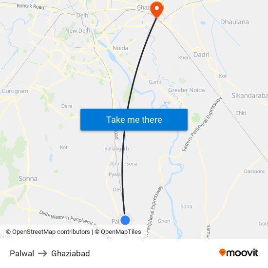 Palwal to Ghaziabad map