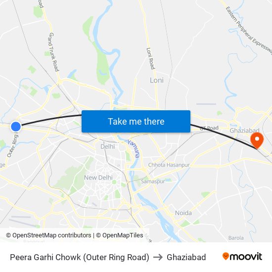 Peera Garhi Chowk (Outer Ring Road) to Ghaziabad map