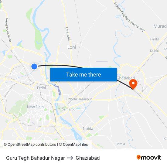 Guru Tegh Bahadur Nagar to Ghaziabad map