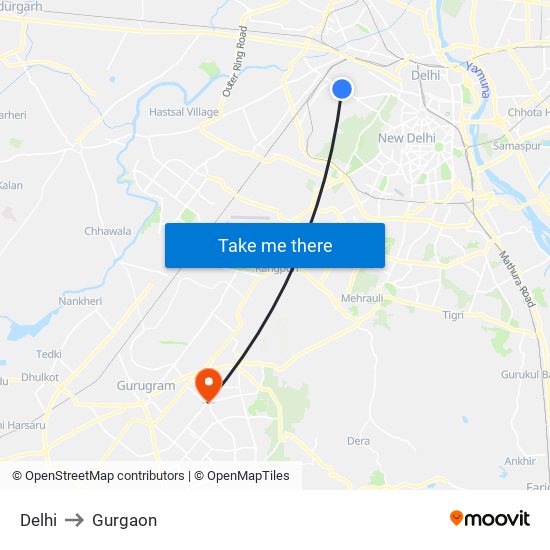 Delhi to Gurgaon map
