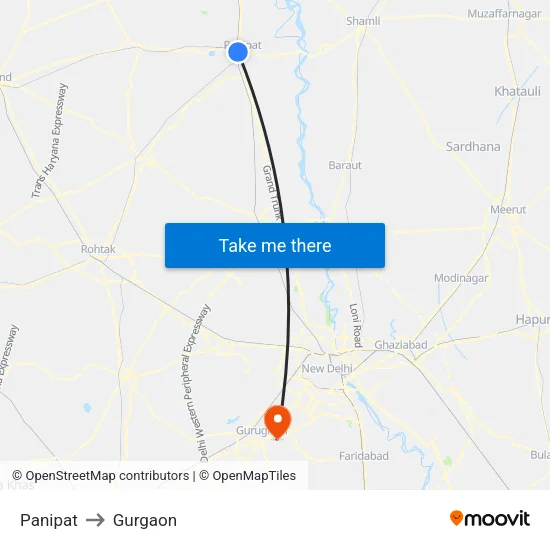 Panipat to Gurgaon map