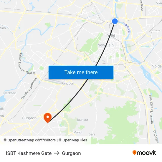 ISBT Kashmere Gate to Gurgaon map