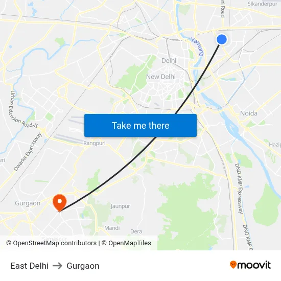 East Delhi to Gurgaon map