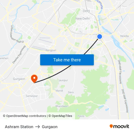 Ashram Station to Gurgaon map