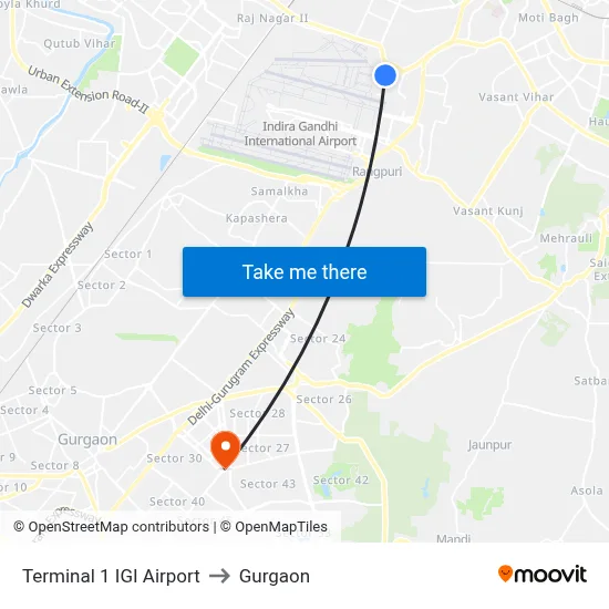 Terminal 1 IGI Airport to Gurgaon map