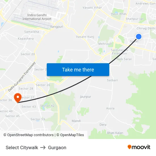 Select Citywalk to Gurgaon map