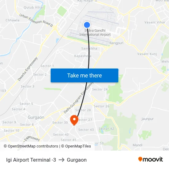 Igi Airport Terminal -3 to Gurgaon map
