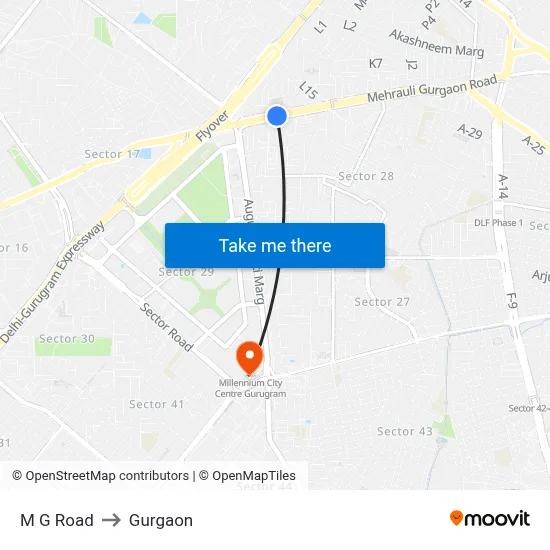 M G Road to Gurgaon map