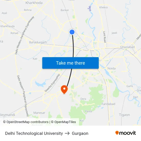 Delhi Technological University to Gurgaon map