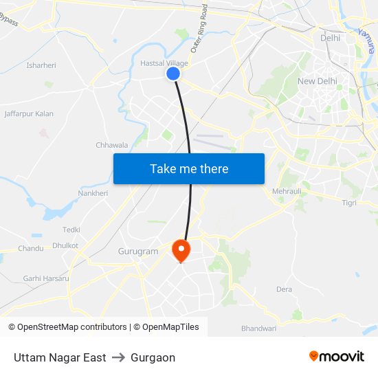 Uttam Nagar East to Gurgaon map