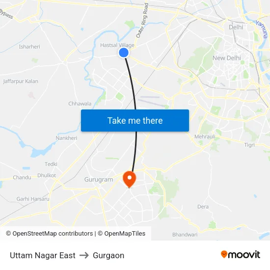 Uttam Nagar East to Gurgaon map