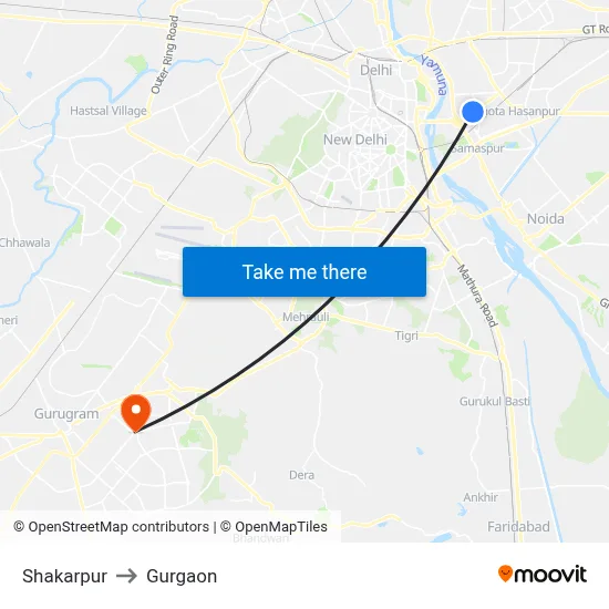 Shakarpur to Gurgaon map