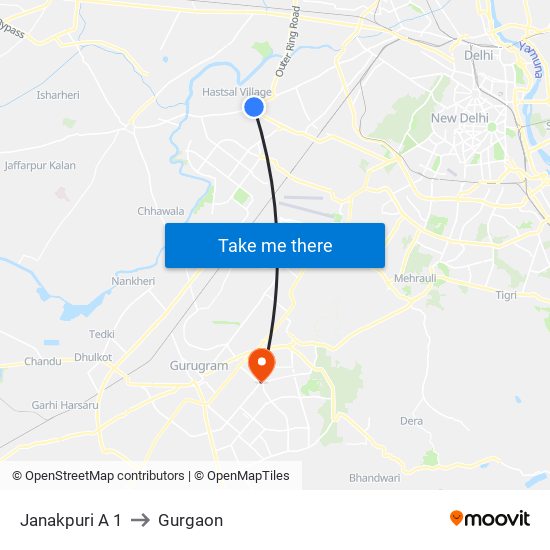 Janakpuri A 1 to Gurgaon map