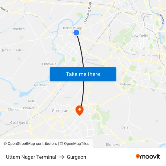 Uttam Nagar Terminal to Gurgaon map