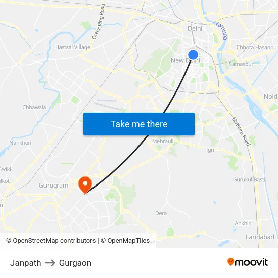 Janpath to Gurgaon map