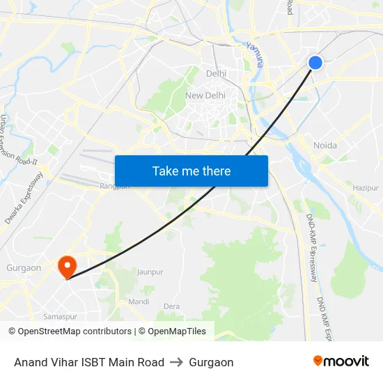 Anand Vihar ISBT Main Road to Gurgaon map