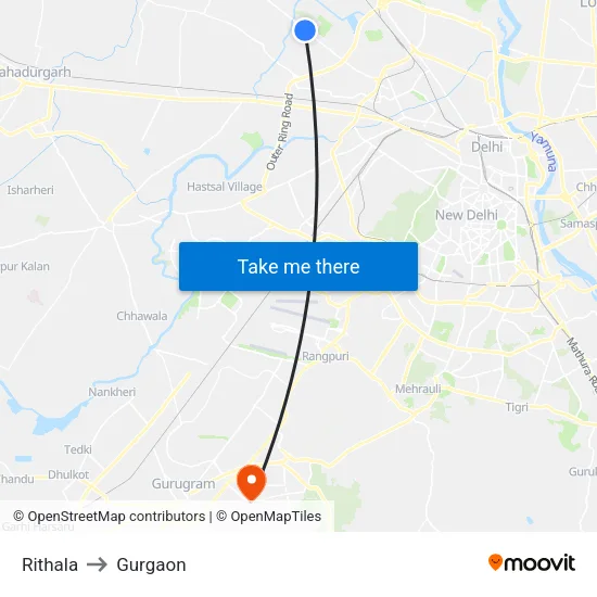 Rithala to Gurgaon map
